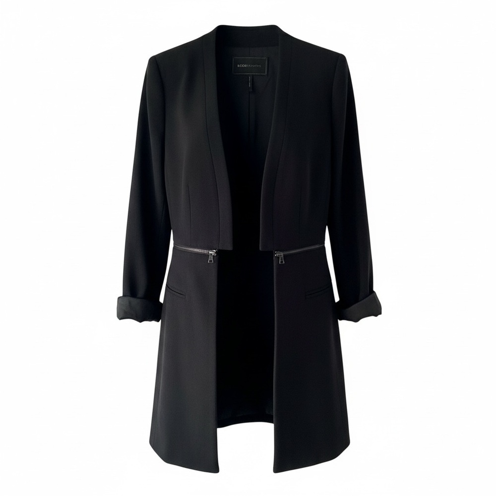 BCBGMaxAzria Black Open-Front Jacket Womens Black Zipper Accents Size XS